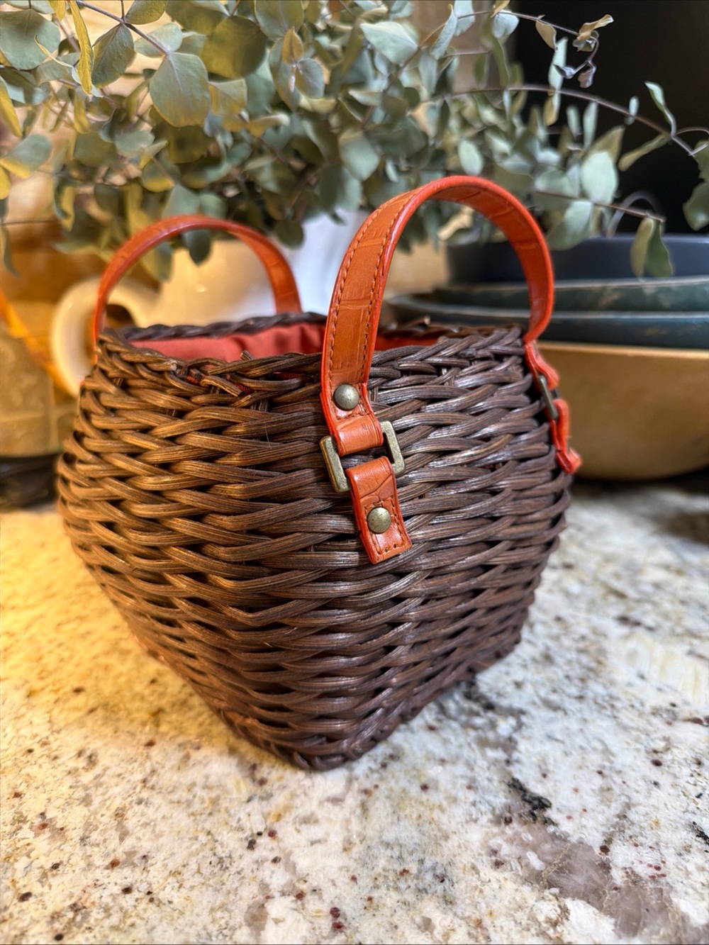 Wicker Basket Orange Cloth Lining Leather Straps Brass Hardware Small Decor